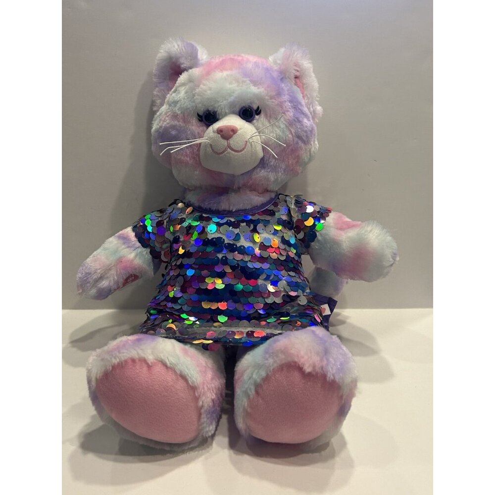 Kitty Cat Build-A-Bear Workshop & Sequin Dress Rainbow Pastel Pink Plush Animal